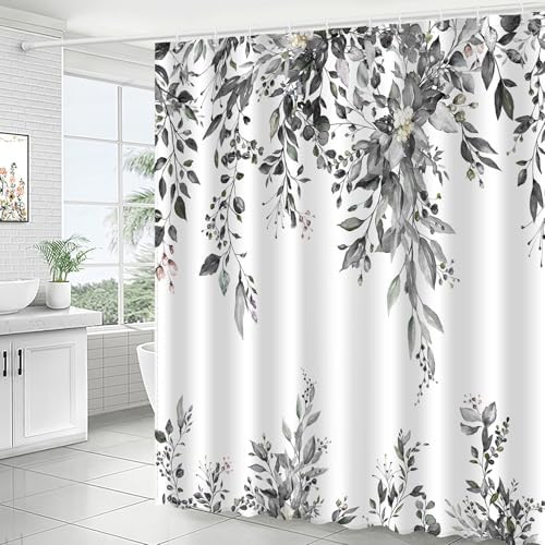 Eucalyptus Shower Curtain, Abstract Aesthetic Art Watercolor Plant Leaves with Floral Bathroom Decor, Waterproof Fabric Cloth Bath Curtain Set with Hooks (Dark Gray, 72x72 Inches)
