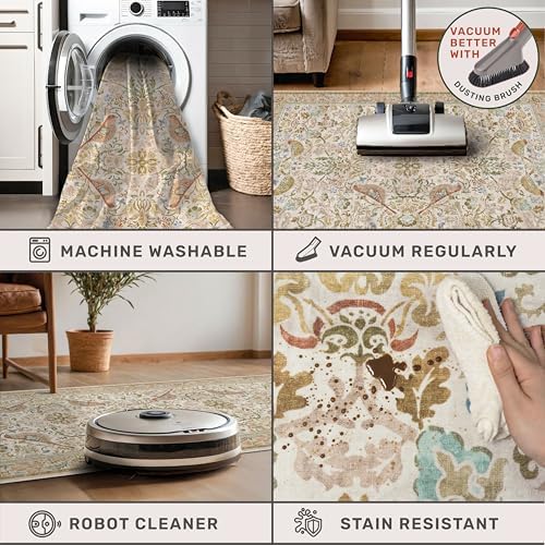 Hazo Haus 2'6"x8' Long Hallway Runner Rug - Vintage Botanical Wide Runners for Kitchen Bedroom Hall Way, Washable Non Slip with Rubber Backing, Beige Floral Décor