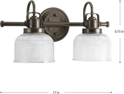 Progress Lighting P2991-74 Archie Collection Clear Double Prismatic Glass Coastal Bath Vanity, 2-Light, Venetian Bronze