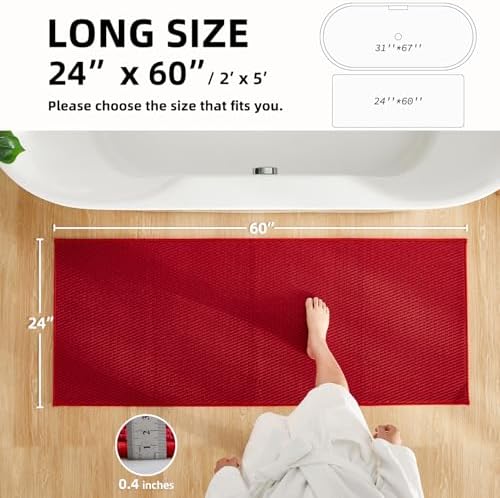 TYUU Christmas Bathroom Runner Rug, Long Bath Mat Washable Thin Quick Dry Low Pile Bathroom Runner Rugs 24 x 60 Non Slip, Red 24"x60"
