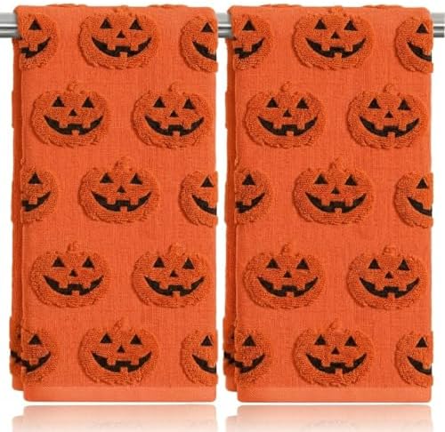 2 Pack Halloween Hand Towels 100% Cotton Jacquard ack-O'-Lantern Halloween Kitchen Towels White Bathroom Towels Set Seasonal Bathroom Decor (Orange ack-O'-Lantern)