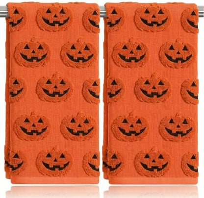 2 Pack Halloween Hand Towels 100% Cotton Jacquard ack-O'-Lantern Halloween Kitchen Towels White Bathroom Towels Set Seasonal Bathroom Decor (Orange ack-O'-Lantern)
