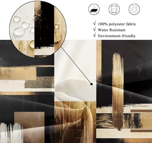 Riyidecor Black Gold Abstract Shower Curtain for Bathroom Decor 72Wx72H Oil Painting Boho Beige Artistic Aesthetic Modern Geometric Art Printed Fabric Polyester Waterproof 12 Pack Plastic Hooks