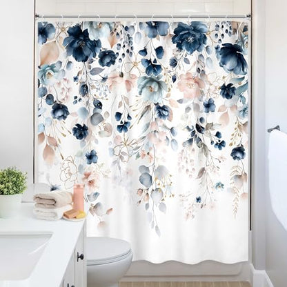 Blue Pink Floral Extra Long Rustic Bathroom Shower Curtain Set