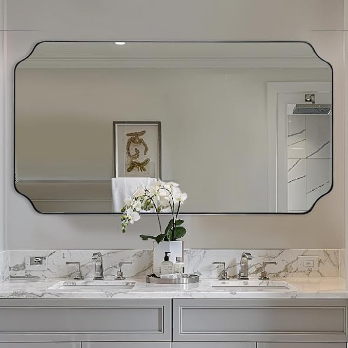 30"x55" Large Bathroom Mirror, Chrome Scalloped Mirror for Wall, Full Length Wall Mirror with Unique Notched Corner Design, Hangs Vertically or Horizontally