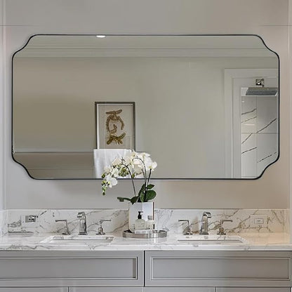 30"x55" Large Bathroom Mirror, Chrome Scalloped Mirror for Wall, Full Length Wall Mirror with Unique Notched Corner Design, Hangs Vertically or Horizontally