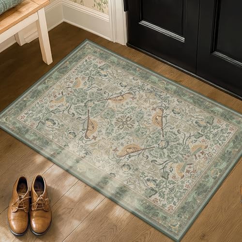 Sage Green Boho Bathroom Rugs - 2x3 Washable Non-Slip Soft Low Pile Area Rug for Entryway, Kitchen, and Decorative Door Mats - Vintage Farmhouse Design with Bird & Botanical Pattern Boho Décor