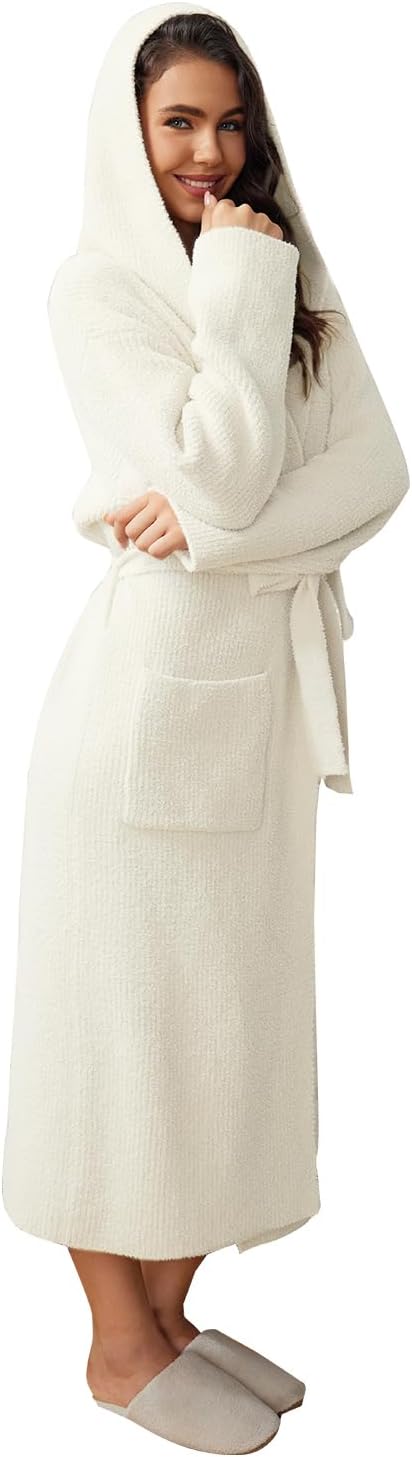 MH MYLUNE HOME Ultra Soft Robes for Women with Pockets, Womens Robe Plush | Hooded House Robes for Women Calf-Length, Spa Bath Robe, Cozy Comfy Fluffy Fuzzy Robe for Women, Womens Bathrobe