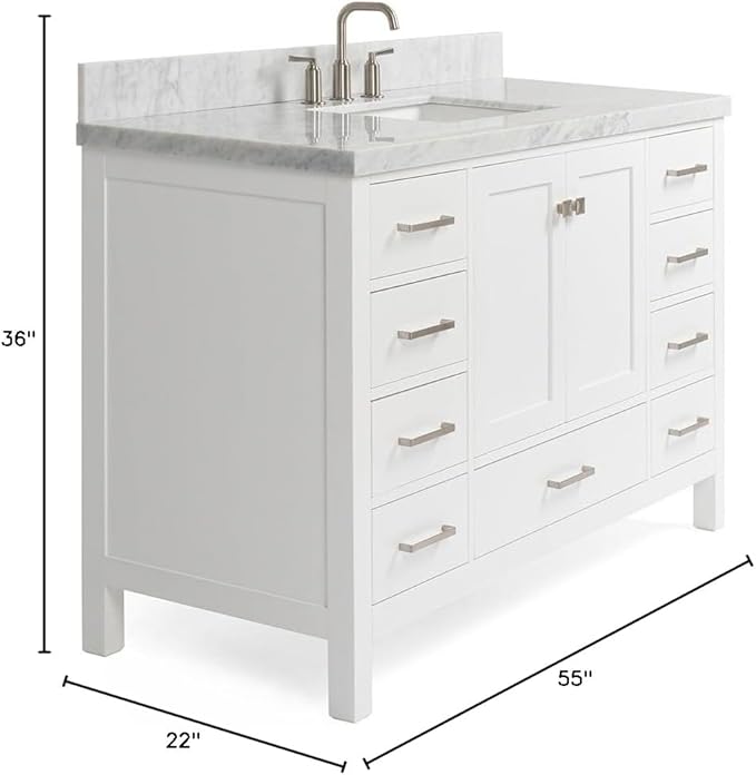 ARIEL Cambridge 54-inch Bathroom Vanity with Sink,Solid Wood, 1.5-inch Italian Carrara Marble Countertop, Single Rectangular Porcelain Sink, 2 Soft Closing Doors, 9 Dovetail Drawers, White