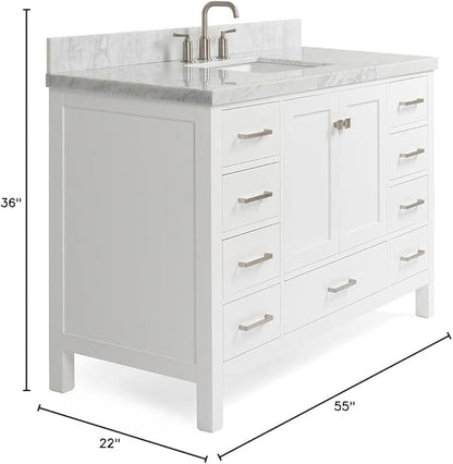 ARIEL Cambridge 54-inch Bathroom Vanity with Sink,Solid Wood, 1.5-inch Italian Carrara Marble Countertop, Single Rectangular Porcelain Sink, 2 Soft Closing Doors, 9 Dovetail Drawers, White