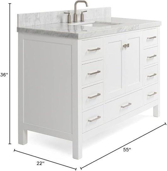 ARIEL Cambridge 54-inch Bathroom Vanity with Sink,Solid Wood, 1.5-inch Italian Carrara Marble Countertop, Single Rectangular Porcelain Sink, 2 Soft Closing Doors, 9 Dovetail Drawers, White