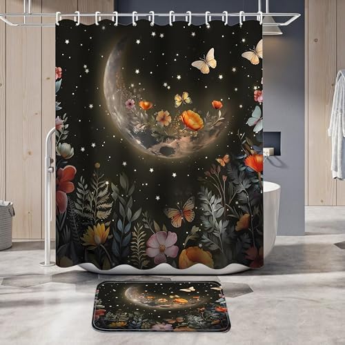LQCOOL Shower Curtain Set 4 Pcs Black Moon Bathroom Sets with Shower Curtain and Rugs Bathroom Decor Set with 12 Hooks