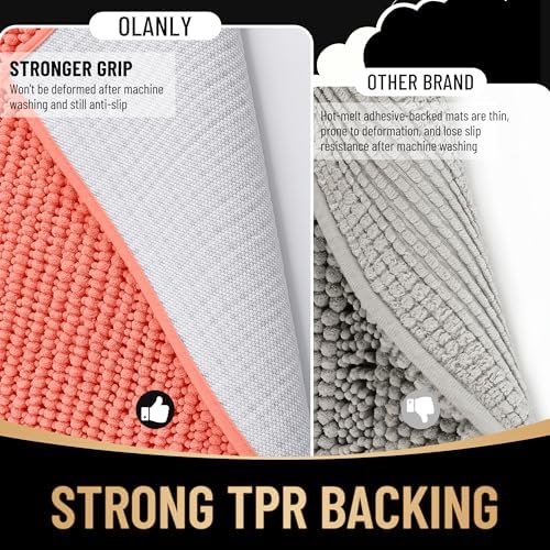 OLANLY Thick Chenille Bathroom Rugs 30x20, Soft Absorbent Bath Mat, Coral