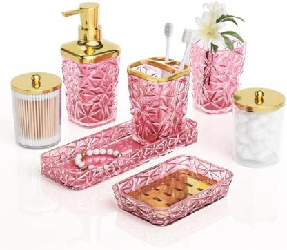 Pink Bathroom Accessories 7 Pcs, Pink Bathroom Set, Acrylic Soap Dispenser and Toothbrush Holder Set, Qtip Holder Set, Bathroom Sink Set, Gift for Home Apartment