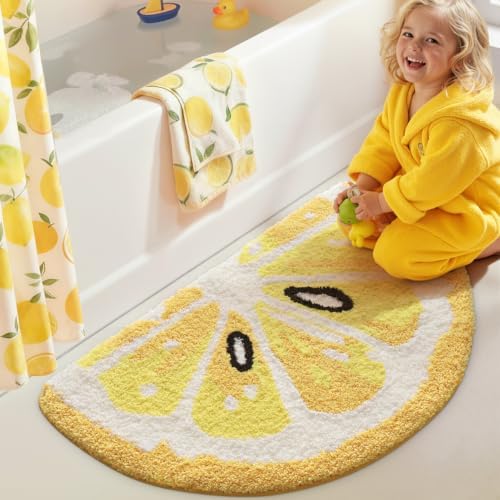DEXI Cute Lemon Bath Mat, Half Round Fruit Bathroom Rugs 43x24