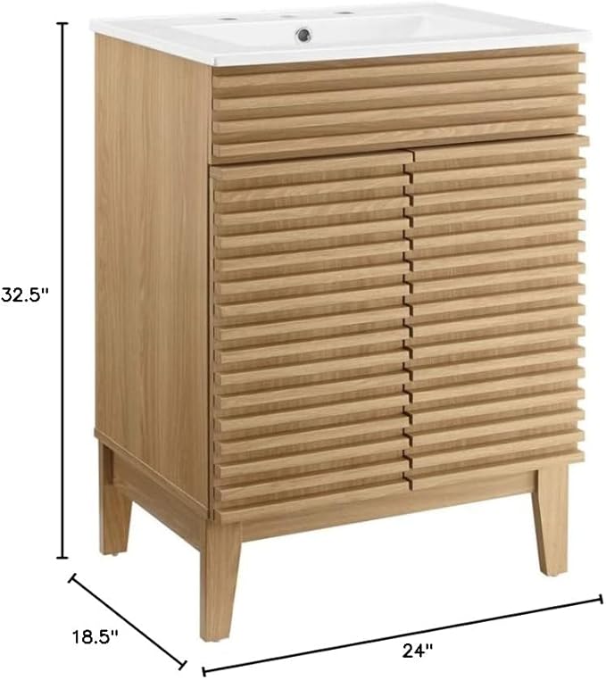 Modway Render Vanity Floor, 24 Inch, Oak/White Sink