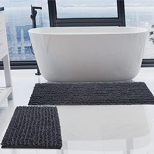 Luxury Chenille Charcoal Grey Bathroom Rugs Sets 2 Piece, Thickened Hot Melt Rubber Bottom Bath Mats for Bathroom Non Slip,Bath Rugs Quick Dry Machine Washable for Shower Mat (47"x17"+17"x24")