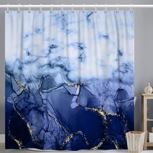Navy Blue Marble Waterproof Bathroom Shower Curtain 65x72 inches