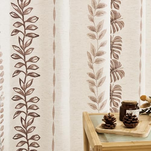 ORTIGIA Linen Brown Leaf Shower Curtain with Metal Hooks,Botanical Boho Waterproof Natural Linen Bath Curtain for Rustic Farmhouse Bathroom Decor 72x72 Inch