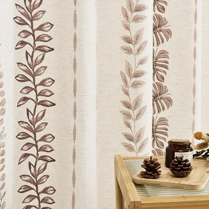 ORTIGIA Linen Brown Leaf Shower Curtain with Metal Hooks,Botanical Boho Waterproof Natural Linen Bath Curtain for Rustic Farmhouse Bathroom Decor 72x72 Inch