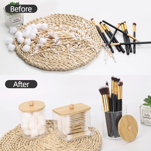 Tbestmax Qtips Dispenser Bathroom Container, 10/12 oz Cotton Ball Holder, Apothecary Jar Organizer for Storage Cotton Swab, Floss Picks (Bamboo Lids)