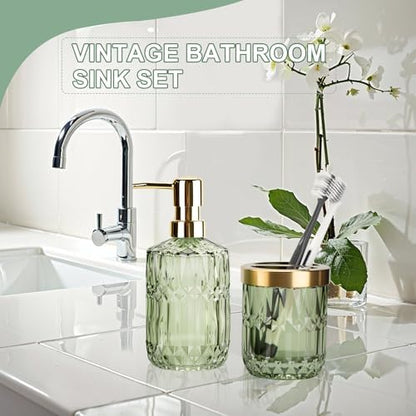 RRM Glass Bathroom Toothbrush Holder and Soap Dispenser Set, Green