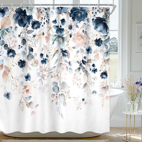 Blue Floral Flower Shower Curtain Cute Navy Flower Pastel Shower Curtain