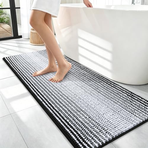 OLANLY Bathroom Runner Rugs 47x17, Soft Chenille Striped Bath Rugs, Black