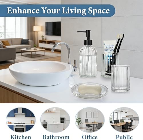 Glass Bathroom Accessories Set, 4Pcs Bathroom Accessories Sets Complete Lotion Soap Dispenser, Toothbrush Holder, Mouthwash Cup, Soap Dish for Bath Decor, Countertop Vanity Organizer (Clear)