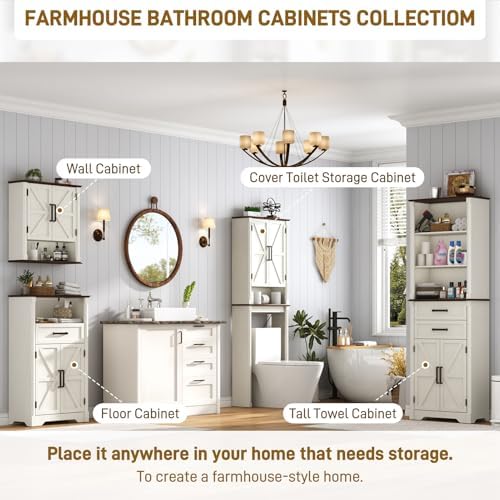 jiteentarou Farmhouse Bathroom Storage Cabinet,Over The Toilet Storage Cabinet with Roman Column Decor,Tall Over The Toilet Shelf with Barn Doors,Over Toilet Bathroom Organizer(Rustic White)