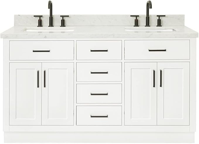 ARIEL Hepburn 60-inch Bathroom Vanity with Sink,Solid Wood, 1.5-inch Italian Carrara Marble Countertop, Double Rectangular Porcelain Sink, 4 Soft Closing Doors, 6 Dovetail Drawers, White