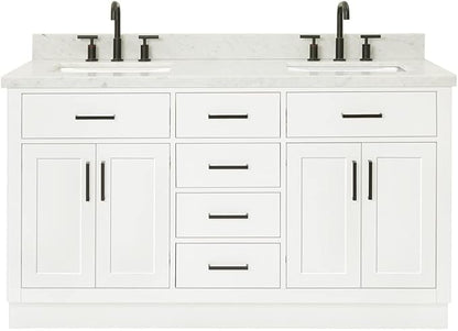ARIEL Hepburn 60-inch Bathroom Vanity with Sink,Solid Wood, 1.5-inch Italian Carrara Marble Countertop, Double Rectangular Porcelain Sink, 4 Soft Closing Doors, 6 Dovetail Drawers, White