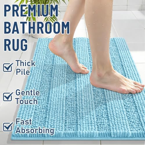 Grandaily Chenille Striped Bathroom Rugs 24x16, Extra Thick and Soft Absorbent Bath Mats, Rubber Backing, Plush Shaggy Shower Carpet, Machine Wash Dry, Bath Rug for Bathroom, Sky Blue