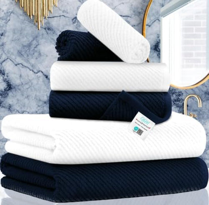 VOOVA & MOVAS 6PC Towel Set, 100% Cotton, Blue White