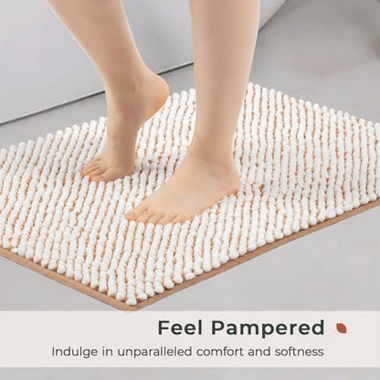 FRESHMINT Chenille Bath Rugs Set 2 Piece, White & Brown, 17"x24"+20"x32"
