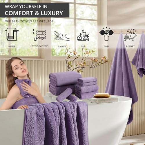 8 Piece Bath Towel Set |2 Oversized Large Bath Sheet,2 Hand Towels,4 Washcloths| Ultra Soft Cozy Bath Towel Set for Bathroom Hotel Gym Spa,Highly Absorbent Quick Dry Bathroom Towel Collections,Purple