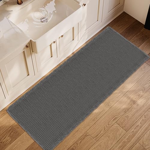 ZALL Dark Grey Waffle Bath Mat,Super Absorbent Non Slip Bathroom Rug, Gray 24x60inch, Machine Washable Ultra Soft Floor Mats