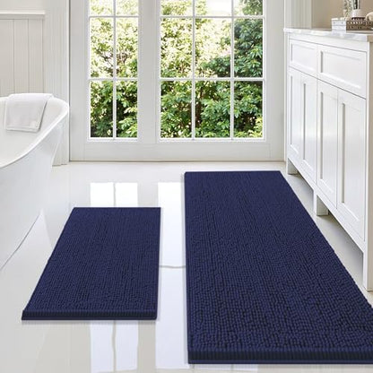 Smiry Chenille Bathroom Rugs Sets 2 Piece (59x20+24x16, Navy Blue)