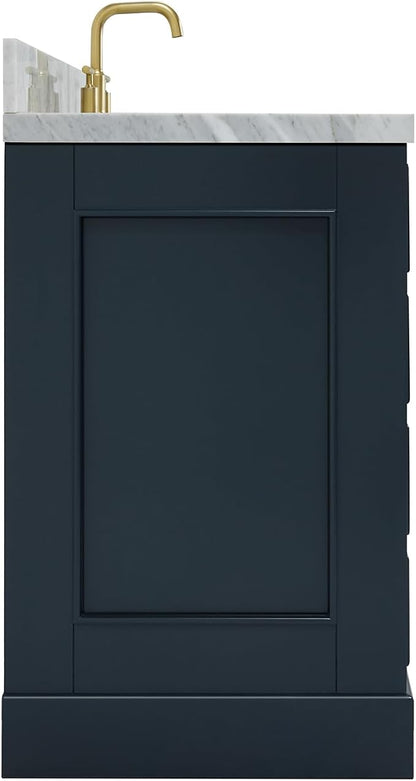 Langford 60-inch Midnight Blue Bathroom Vanity with Center Rectangle Single Sink, Italian Carrara Marble Countertop & Backsplash, Solid Wood Frame, Soft-Closing & Dovetail Drawers