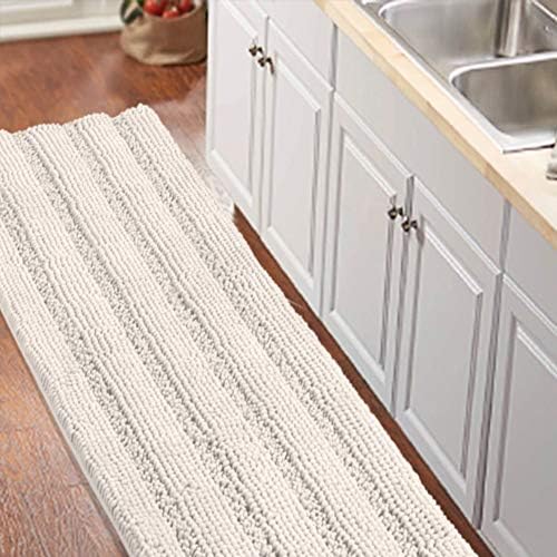 Turquoize Non Slip Shaggy Chenille Microfibers Bathroom Rug Ivory Bathroom Mat Extra Long Bath Rug 59 x 20 Kitchen Rugs and Mats, Super Water Absorbent & Soft Washable Bath Rug for Kitchen, Ivory