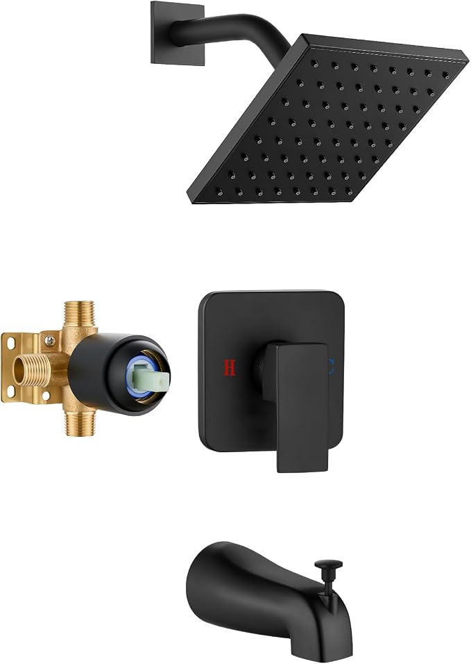 Heyalan 6 Inch Shower Faucet Set with Tub Spout and Valve,Matte Black | 6-inch square rainfall head, tub spout with diverter, male-thread rough-in valve, single-handle control and wall-mount design