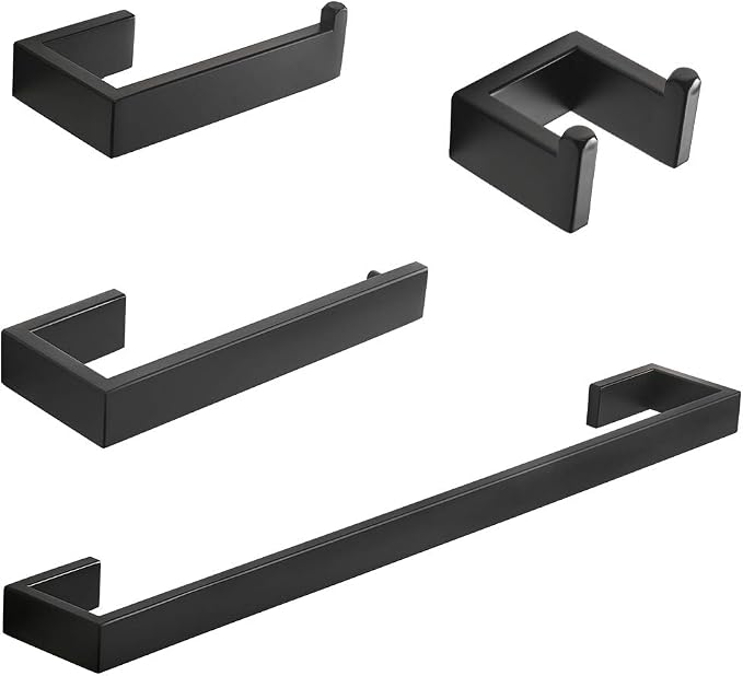 Fapully 4-Piece Bathroom Hardware Accessory Set Matte Black | with 24" Towel Bar Towel Ring Paper Holder Robe Hook