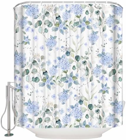 Shower Curtain Bathroom Set Summer Watercolor Blue Hydrangea Waterproof Fabric Shower Curtains with Grommets&Hooks Pastoral Eucalyptus Leaf Privacy Bath Curtain for Bathtub Decor 72x78IN