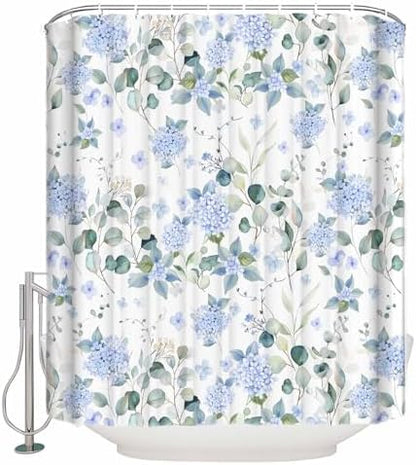 Shower Curtain Bathroom Set Summer Watercolor Blue Hydrangea Waterproof Fabric Shower Curtains with Grommets&Hooks Pastoral Eucalyptus Leaf Privacy Bath Curtain for Bathtub Decor 72x78IN