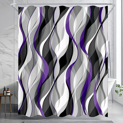 Purple and Grey Shower Curtain for Bathroom Purple and Black Shower Curtain Fabric Modern Abstract Striped Minimalist Bath Curtains Waterproof Shower Curtains Set, Black Gray Purple, 72 x 72 Inch