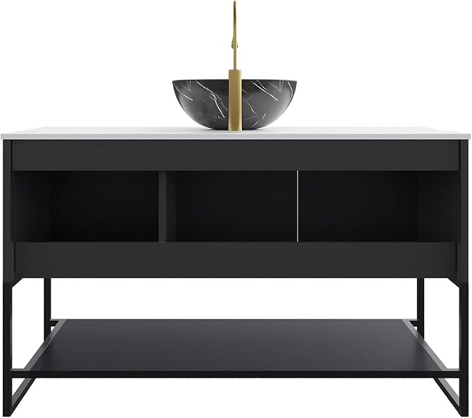 Ambrovina 48" Bathroom Vanity with Vessel Sink, Freestanding Bathroom Storage Cabinet with 3 Doors and Open Shelf, Bowl Shape Ceramic Basin and Carrara White Sintered Stone Countertop, Gloss Black