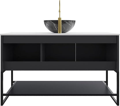 Ambrovina 48" Bathroom Vanity with Vessel Sink, Freestanding Bathroom Storage Cabinet with 3 Doors and Open Shelf, Bowl Shape Ceramic Basin and Carrara White Sintered Stone Countertop, Gloss Black