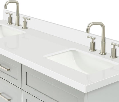 ARIEL Hamlet 66-inch Bathroom Vanity with Sink,Solid Wood, 1.5-inch Pure White Quartz Countertop & Backsplash, Double Rectangular Porcelain Sink, 4 Soft Closing Doors, 3 Dovetail Drawers, Grey