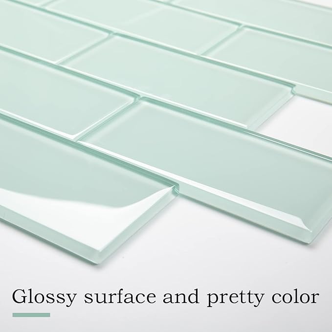 Light Green Glass Subway Tile, Glass for Bathroom Kitchen Shower Backsplash Wall, 3 x 6 Inches, 4 Sq.Ft.