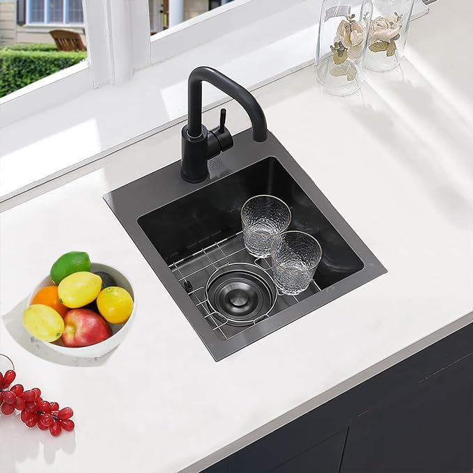 VCCUCINE Gunmetal Black Bar Sink Drop in, 15x15 Inch Topmount RV Small Kitchen Sink, 16 Gauge Overmount Stainless Steel Wet Bar Sink, Top Mount Outdoor Single Bowl Prep Sink with Dish Grid & Drain